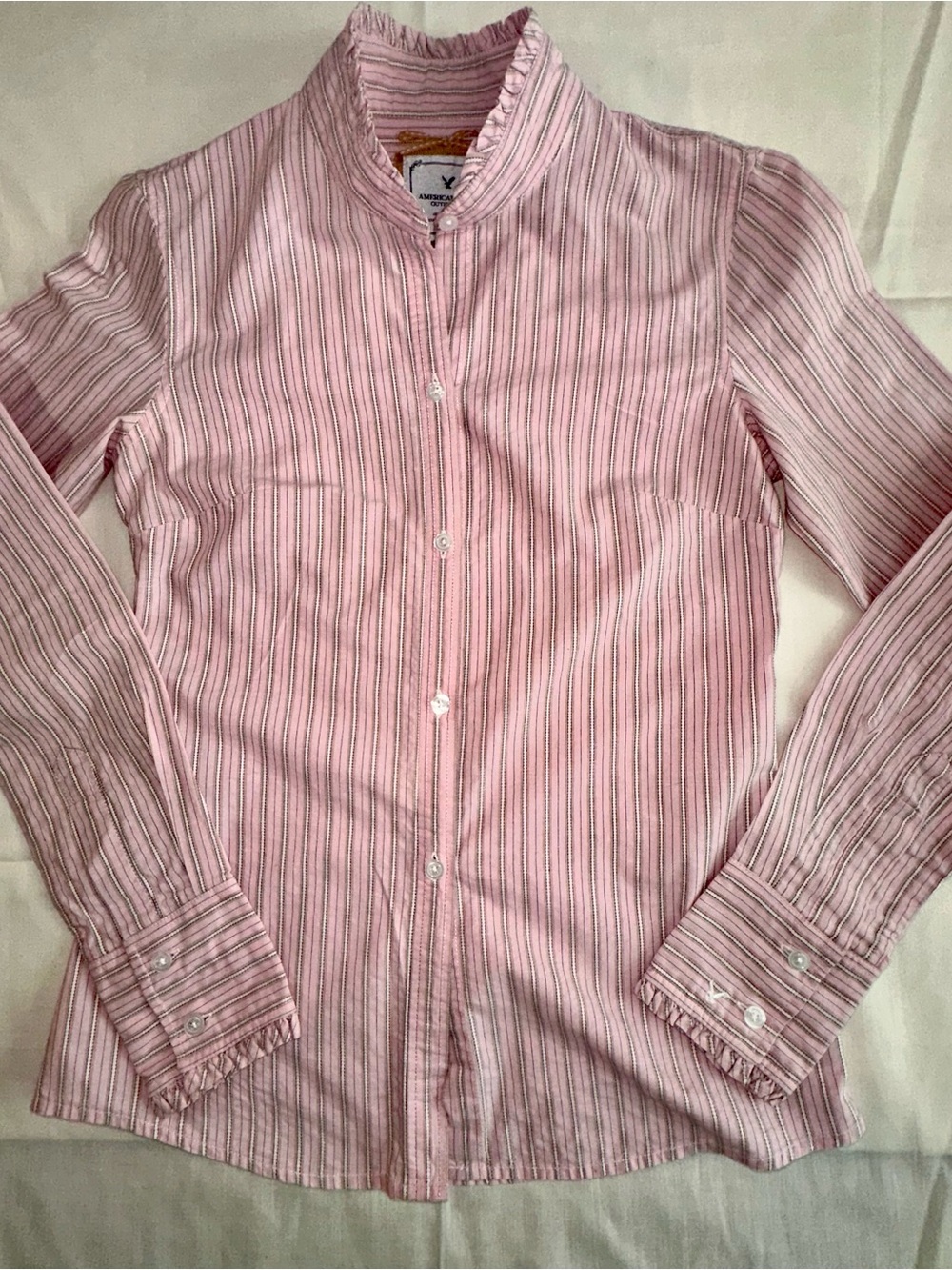Women American Eagle Pink Striped Button-Up Shirt boho Y2K cottagecore tailored
